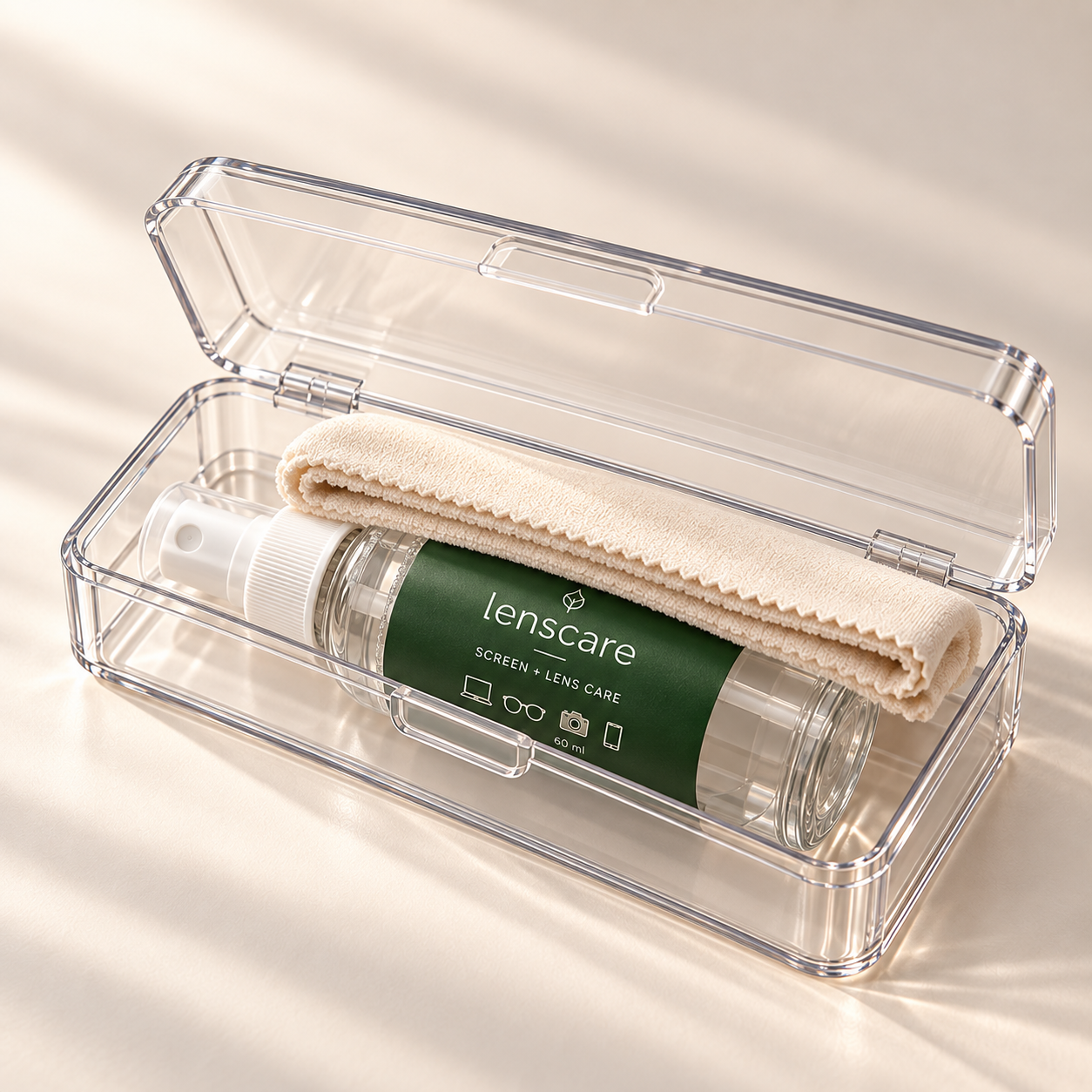 Complete Lenscare display with spray and cloth inside the clear travel holder