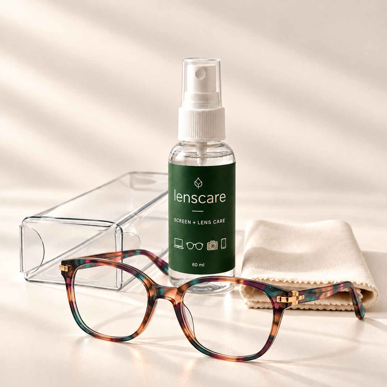 Lenscare spray, clear holder, cloth and eyeglasses product display